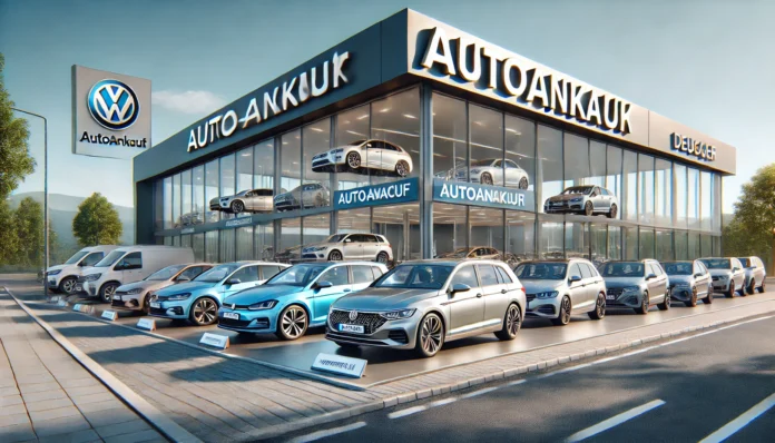 Moderner Autohändler in Essen mit Gebrauchtwagen wie VW Golf, BMW 3er und Mercedes Sprinter vor einem Autohaus mit Glasfassade.